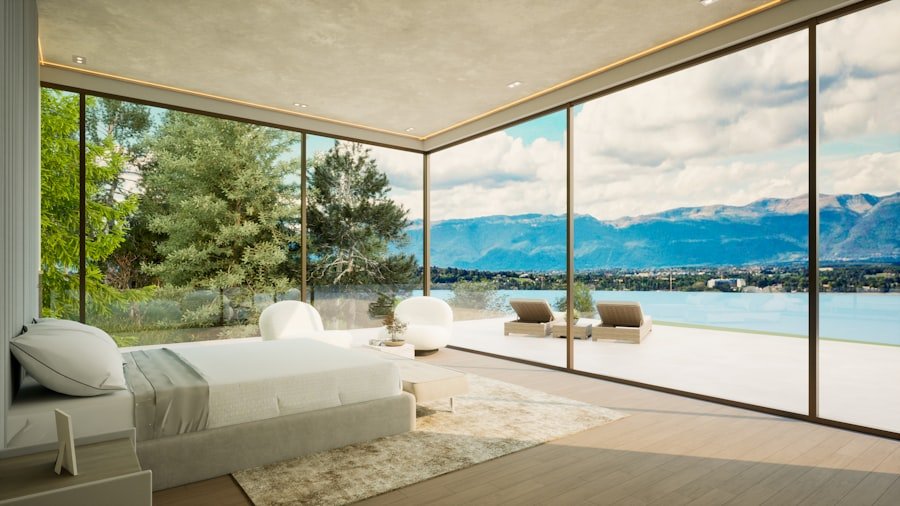 Modern home interior with mountain view