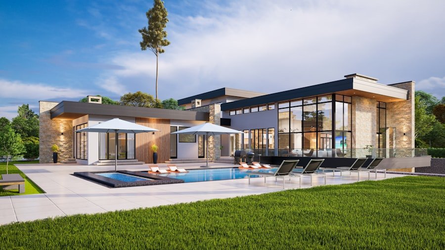 Modern house with pool and lounge chairs