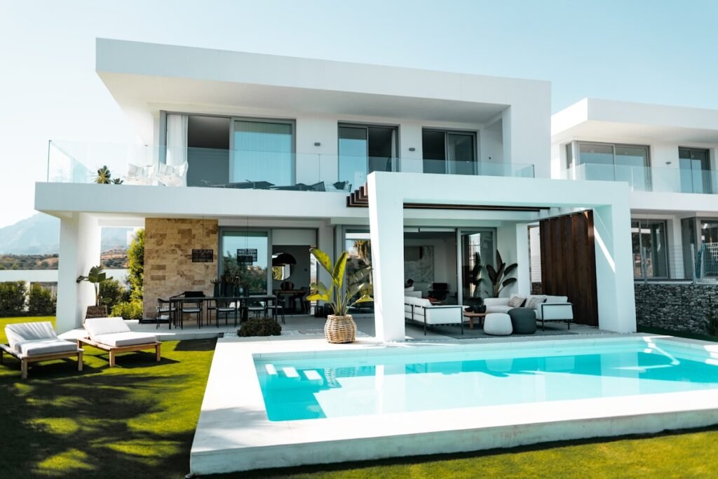 White and blue modern concrete building exterior
