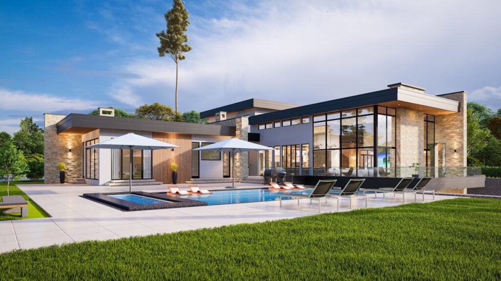 Modern house with pool and lounge chairs